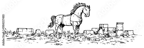 Trojan horse in ancient ruins vector illustration, Hand drawn mythological wooden horse or stallion in stone debris, Vintage greek history sketch