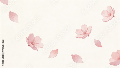 Pink cherry blossoms and petals on white