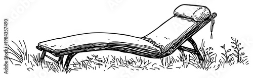Wooden sun lounger in garden vector illustration, Hand drawn deck chair on grass for summer relaxation, Vintage outdoor furniture sketch