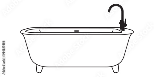 Black line drawing of a freestanding clawfoot bathtub with faucet