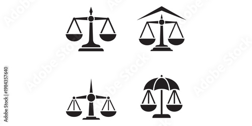 Four black scale icons on white background for law and justice concepts