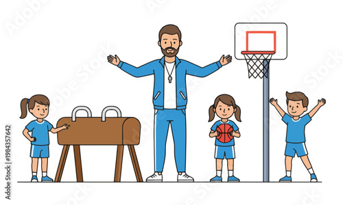 PE Teacher and Students with Sports Equipment in School Gym