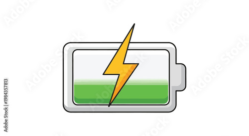 A vibrant illustration depicting a partially full battery with a bright yellow lightning bolt inside silhouette high quality professional detailed modern