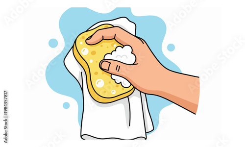 Hand holding yellow sponge with soap foam cleaning white cloth
