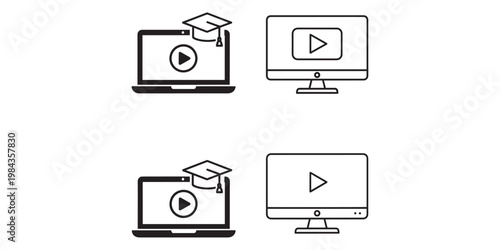 Black line icons of computer monitors and laptops with video play buttons and graduation cap