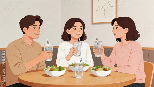 Three people dining together at table