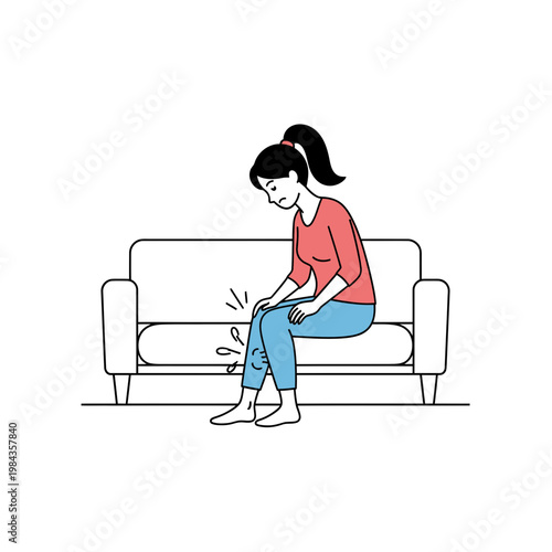 Young woman suffering from leg and knee pain sitting on sofa illustration