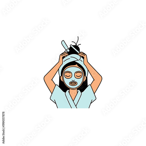 Woman wearing facial mask and bathrobe for skincare routine vector