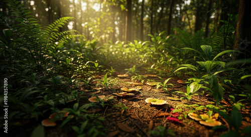 A serene forest path lined with vibrant green plants and colorful mushrooms in a natural landscape