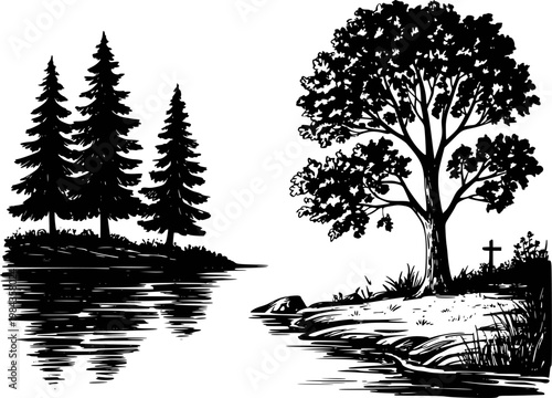 Black and white of pine trees and a large deciduous tree by a reflective lake with a cross