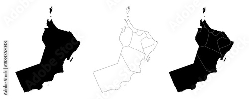 Oman map isolated on white background.Oman political map. Low detailed. Solid simple style.Oman map silhouette linear and black illustration. Black and white. Vector editable