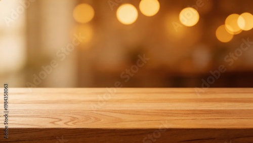 Wooden table with blurred warm lights