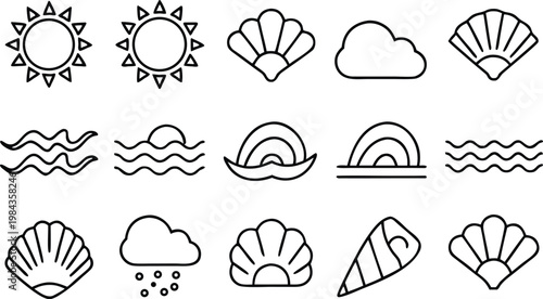 Ocean and sea icons, sun, waves, cloud, seashell, fan, conch for marine life, sea travel, coastal scenery, and oceanography themes, water elements.