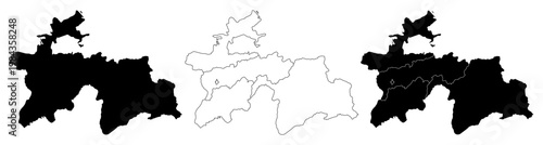 Tajikistan map isolated on white background. Tajikistan political map. Low detailed. Solid simple style.Tajikistan map silhouette linear and black illustration. Black and white. Vector editable