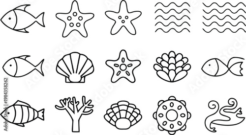 Marine life icons set with line art fish starfish seashells coral and waves for nautical design projects ocean themed graphics sea animal collection elements.