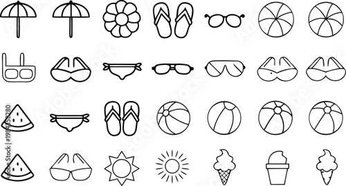 Summer vacation icons collection including beach umbrellas flip flops sunglasses sun cream beach balls ice cream cones and swimsuits for holiday travel themes.