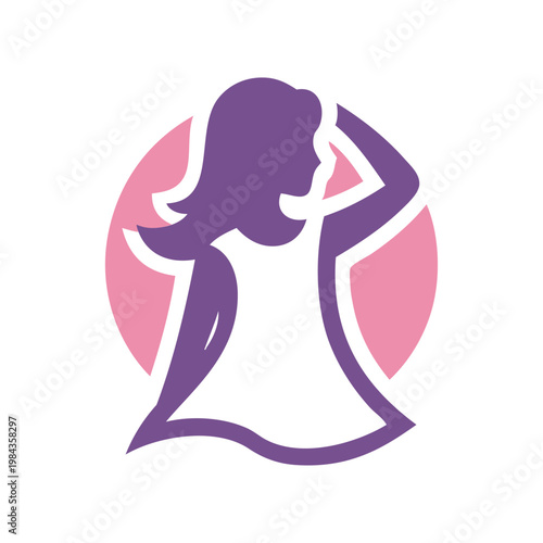 Logotipo de boutique de moda femenina. Dibujo minimalista con una chica con un vestido en círculo
