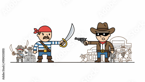 Pirate with cutlass and cowboy with revolver duel illustration
