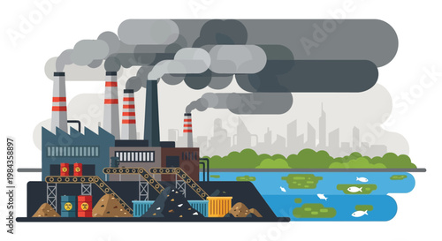An industrial landscape depicts factory smokestacks emitting pollution over a city and waterway shown as a silhouette high quality professional detailed