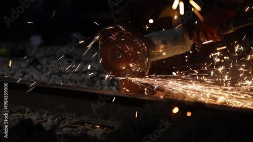 Close up shows metalworker cutting a rusted railway track with an angle grinder at night, bright orange sparks streak horizontally, gloves and ballast stones are visible.
