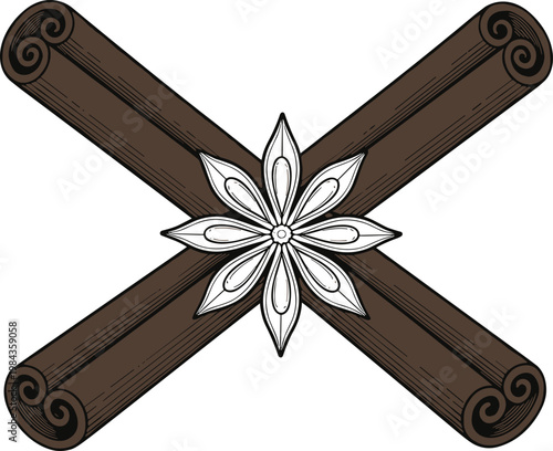 
Crossed cinnamon sticks with star anise center decorative spice illustration on white background