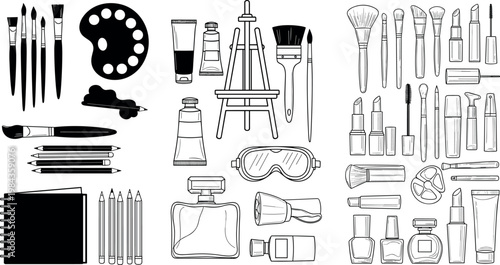 Art supplies and beauty cosmetics collection with brushes palette makeup products and creative tools outline vector illustration set