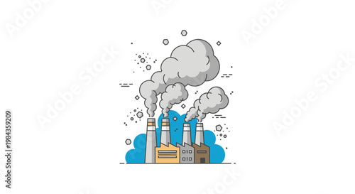 Industrial buildings emit smoke from chimneys depicting pollution and environmental impact presented as a stark silhouette high quality professional detailed modern