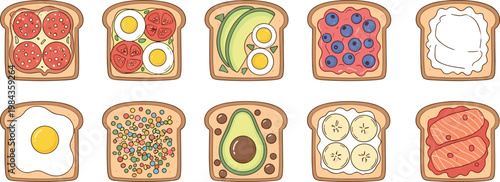 Cute colorful toast bread with various toppings collection flat cartoon illustration set