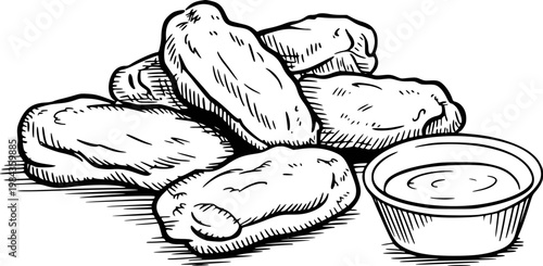 Hand-drawn black and white chicken wings with dip white background, food
