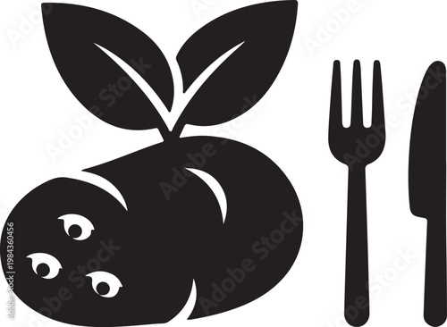 Stylized graphic icon fresh potato with leaves, fork, knife. Symbolizes healthy eating, organic food, and wholesome meal preparation