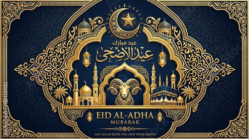 Eid al adha celebration golden ornamentation on dark blue background