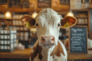 Close up of a cow in a cafe, dairy farm animal photography, brown and white cow, farm animal portrait, cow face