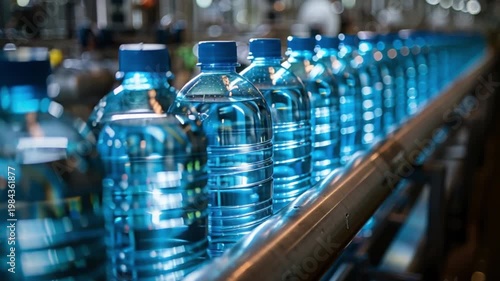 Wallpaper Mural Rows of transparent water bottles are methodically filled on a manufacture line, brightly illuminated by overhead lights in a sterile factory environment Torontodigital.ca