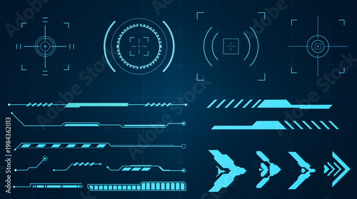 Futuristic HUD elements and digital interface graphics with a sci-fi aesthetic