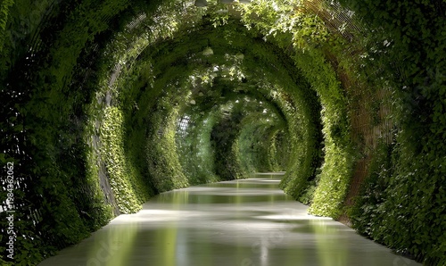 Discover enchanting green tunnel nature path way with lush vegetation and architectural design beauty views