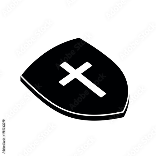 Christian Cross on Shield Icon.
