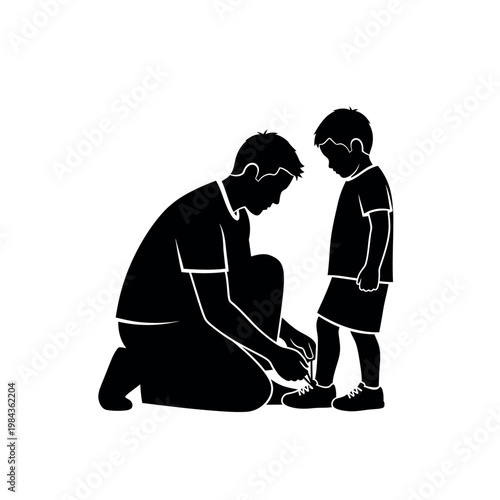 Father tying shoelaces for his son silhouette illustration.
