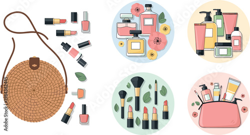 Beauty and cosmetics collection with lipstick perfume skincare products makeup tools and accessories flat vector illustration set