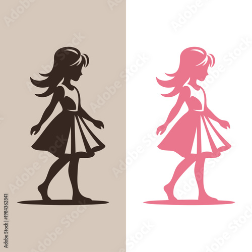 Logotipo de boutique de moda infantil. Versiones de un dibujo minimalista con la silueta de una chica andando con un vestido