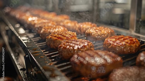 Wallpaper Mural Sizzling beef burgers glisten with juices as a skilled chef grills them over an open flame at a popular barbecue restaurant during a lively evening cookout, creating a vibrant atmosphere Torontodigital.ca