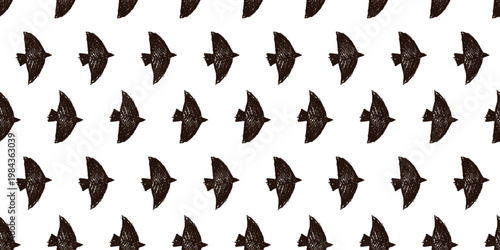 Black bird seamless pattern with charcoal crayon texture for print. Cute doodle flock in a black vector repeat on white background. Hand drawn scribble bird for fabric and kids room decor.