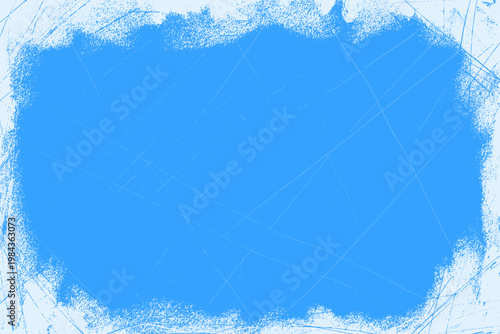 Ice and snow dust grunge texture with oval frame and scratch overlay on pale blue background. Worn frost on cold rink with icy grunge edge for winter post. Grainy glacier vector backdrop in airy tone.