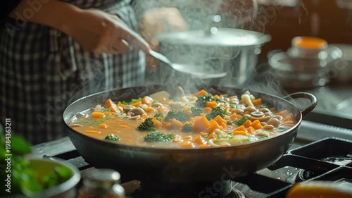 Wallpaper Mural Skilled chef stirs simmering vegetable stew in large pot on stovetop, surrounded by assortment of fresh herbs vibrant produce, within warm and steamy rustic kitchen filled with array of ingredients Torontodigital.ca