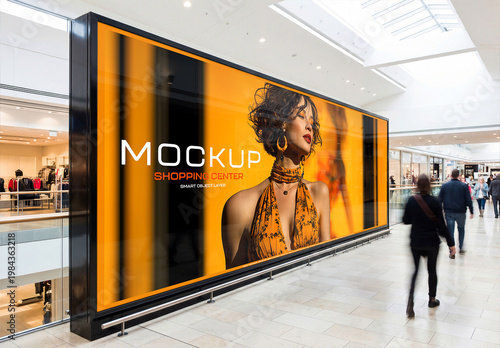 Panoramic Billboard in Bright Modern Shopping Mall Interior Mockup