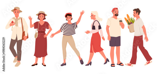 Group of fashionable men and women in casual French-inspired outfits, holding coffee, flowers, and groceries, walking and interacting, isolated on white background vector illustration