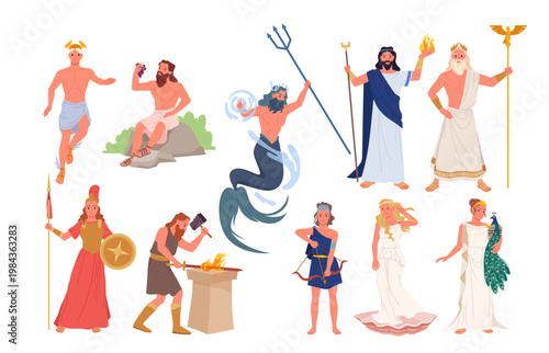Mythological Greek gods and goddesses depicted in colorful cartoon style, each with unique attributes and symbols, isolated on white background vector illustration