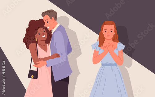 Unhappy woman in blue dress feeling jealous while observing a smiling couple embracing, highlighting relationship tension and emotional conflict, vector illustration