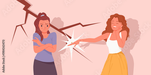 Two women showing jealousy and conflict, one upset and the other mocking, with a cracked background symbolizing emotional tension, relationship issues, and rivalry vector illustration