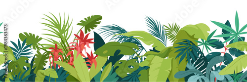 Lush tropical jungle foliage with various green leaves and exotic plants, perfect for nature themes or backgrounds, isolated on white background vector illustration