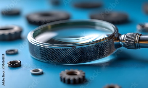 Magnifying glass examining small parts close up inspection detail analysis quality control precision engineering